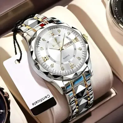 Binbond men's watch water resistant night light dual calendar watch men's quartz watch diamond ceiling glass- Silver White