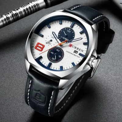 CURREN 8324 Watch Men Top Brand Luxury Quartz Men's Date Military Wrist Watches- White Black