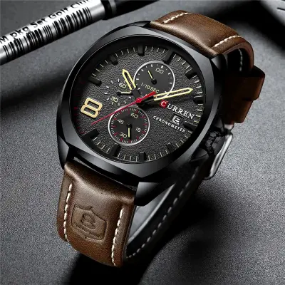 CURREN 8324 Watch Men Top Brand Luxury Quartz Men's Date Military Wrist Watches- Coffee Black