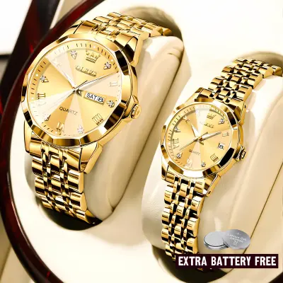Olevs 9931 couple set luxury fashion water resistant stainless steel movement wrist watch- Golden