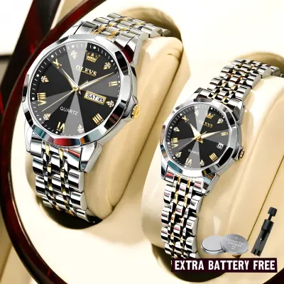 Olevs Couple 9931 Fashion Stainless Steel Analog Wrist Watch For Men- Silver Black secondary