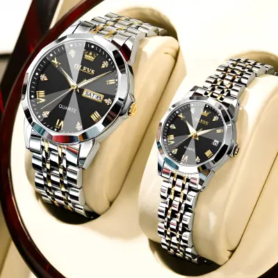 Olevs 9931 couple set luxury fashion water resistant stainless steel movement wrist watch - Silver Black