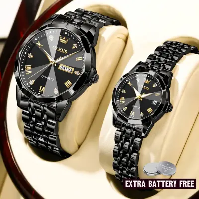 Olevs 9931 couple set luxury fashion water resistant stainless steel movement wrist watch- Full black